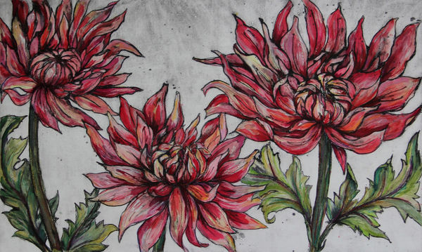 Vicky Oldfield, Dancing Dahlias, collagraph print