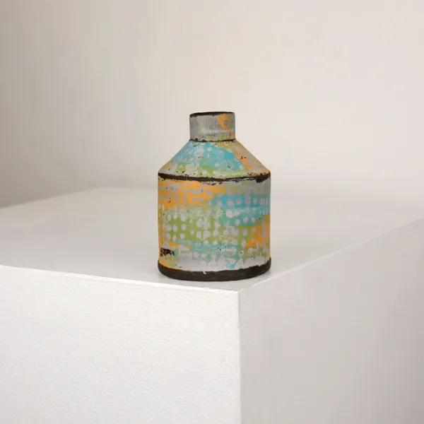Elly Wall ceramic bottle vase in blue, sage and orange with dotted markings