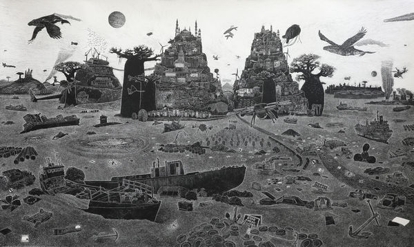 Ade Adesina large scale landscape linocut print in collaboration with David Mach showing a vast dystopian landscape, with an array of wildlife and mechanical machinery