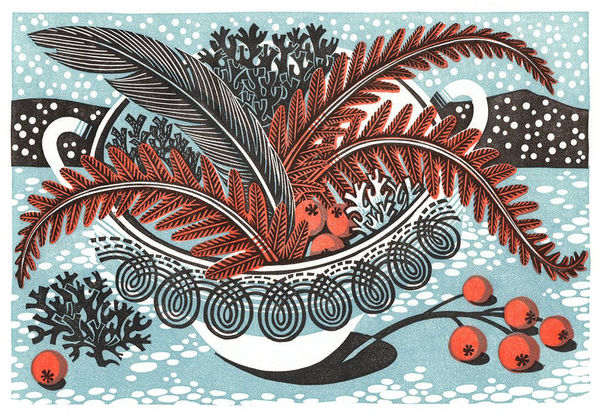 Angie Lewin linocut of a wintery scene in pale blue and a bowl of feathers, ferns and orange red berries