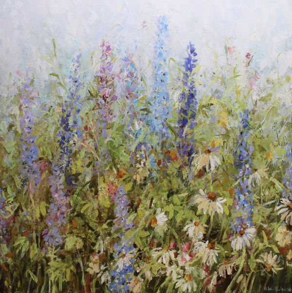 Fletcher Prentice painting of a summer flower border filled with delphiniums in various shades of blue