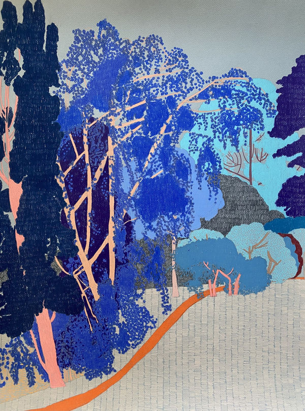 Clare Halifax original coloured drawing of a forest scene in blues and oranges