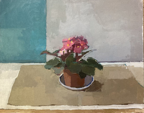 Sarah Spackman still life painting of a potted purple violet on a table