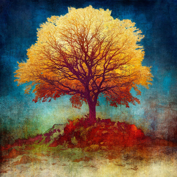 Mark Munroe-Preston digitally illustrated image of a tree in yellow, red, blue and green