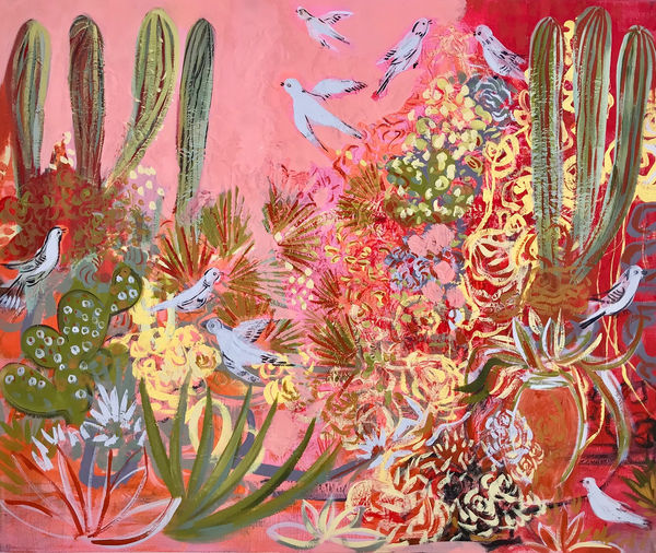 Marissa Weatherhead painting of an abundant garden with cacti, roses and other flora surrounded by white songbirds flying in the air.