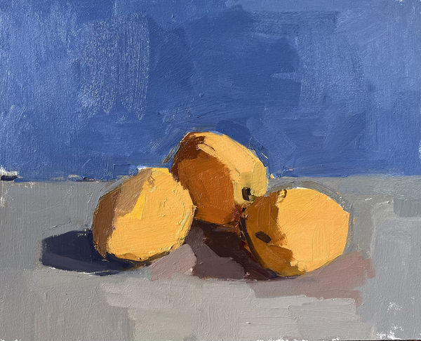 Sarah Spackman oil on board painting of three apricots resting on a grey surface against a blue background
