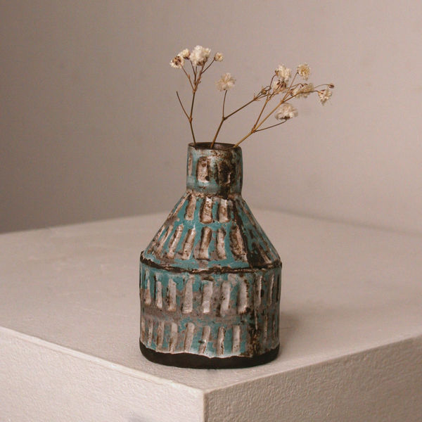 Elly Wall stoneware ceramic bud vase with teal & white glaze
