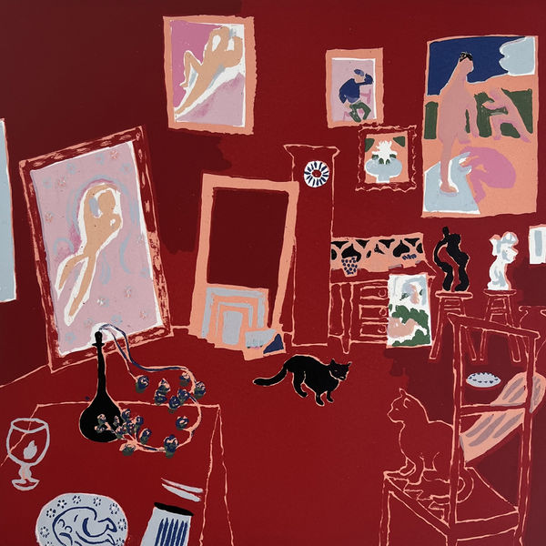 Mychael Barratt Silkscreen print from his series Artists Cats and Dogs of Matisse's red room with several cats around it