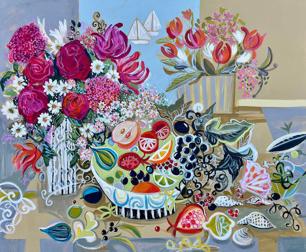 Marissa Weatherhead painting of a a table made up with a variety of seafood platters, surrounded by abundant bouquets of flowers.