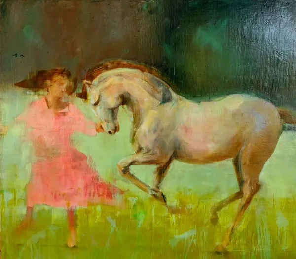 Richard Twose painting of a female figure in a pink dress with a white horse against a green background