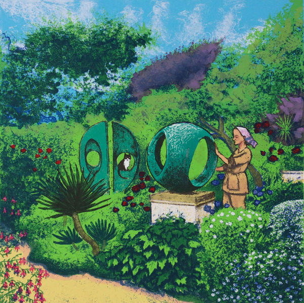 Mychael Barratt Silkscreen print from his series Artists Cats and Dogs of Hepworth's garden with a cat sitting in the centre of a sculpture