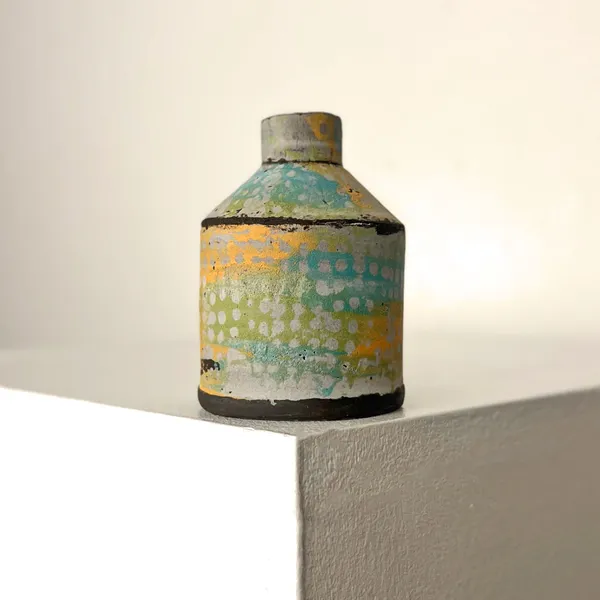 Elly Wall ceramic bottle vase in blue, sage and orange with dotted markings