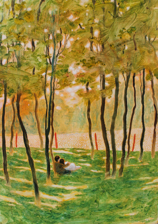 Dan Ablitt landscape painting of a woodland setting with gleaming sunlight, a couple can be seen lying down and embracing one another leaning their backs against a tree trunk.