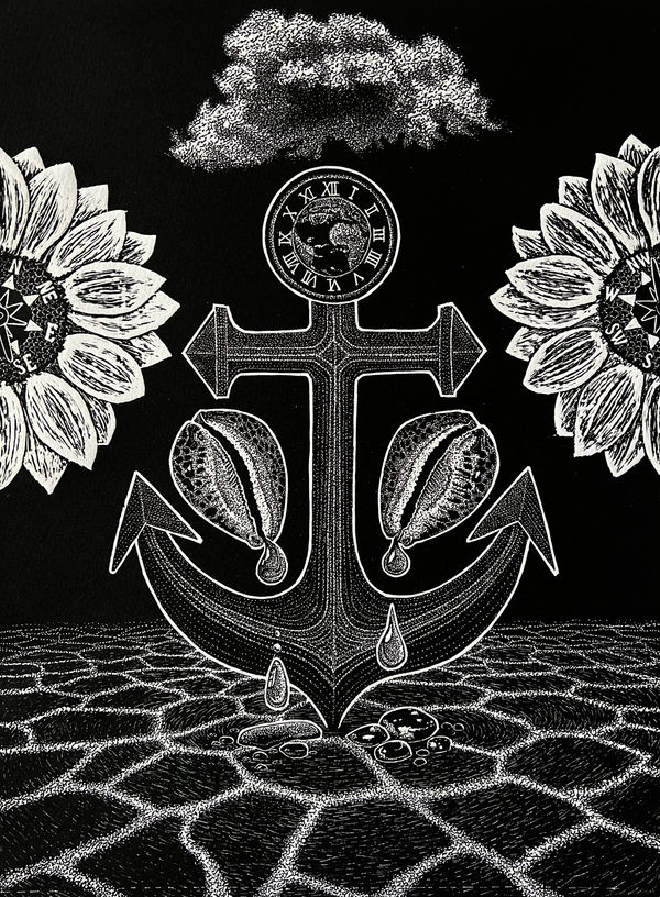 Ade Adesina linocut print of an anchor on a tiled floor with two shells by either arrow, two halves of a sunflower and a cloud rest above