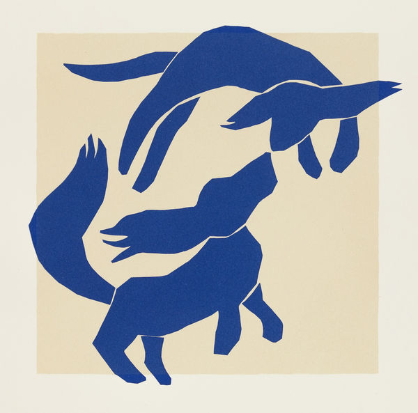 Mychael Barratt silkscreen print of two dogs in the style of Matisse in blue in love