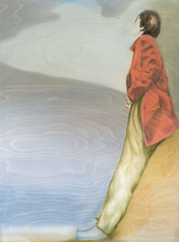 Zelga Simone Miller painting of a figure dreesed in a red jacket and green trousers facing the left and looking away from the viewer into a distance of washed blue tones
