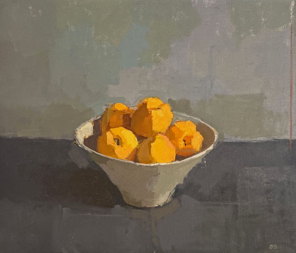 Sarah Spackman still life painting of a white bowl filled with apricots on a grey background