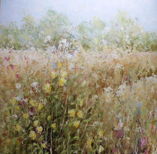 Fletcher Prentice painting of an English meadow in high summer, the grasses are a golden colour, scattered with pink and yellow flowers