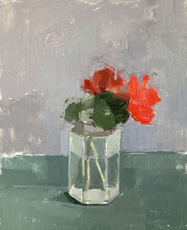 Sarah Spackman figurative still life painting of a red nasturtium flower still on it's stalk resting in a short bottle necked vase with water. The surface is painted in deep teal hues and the background in pale greys.