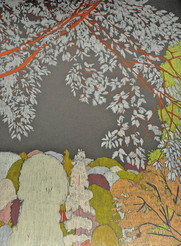 Clare Halifax drawing of a forest scene, in colours green, orange, purple, pink and grey