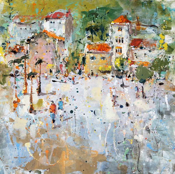 Andrew Hood oil on panel painting in a semi-abstract splattered painting style of a Spanish suburban landscape.