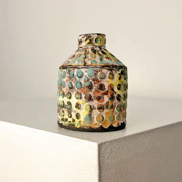 Elly Wall ceramic bottle vase with raised polka dots in colours yellow, blue and pink