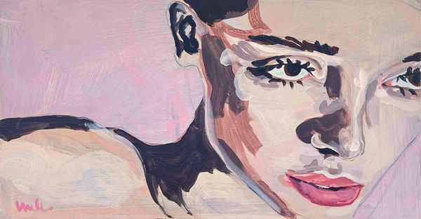 Veronica Wells editorial style portrait painting showing an above close up shot of a brunette woman, her gaze going to the right of the painting. The background is pale pink.