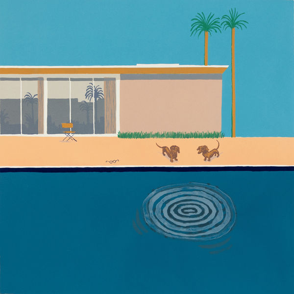 Mychael Barratt silkscreen print in the style of David Hockney of dachshunds standing by a blue pool