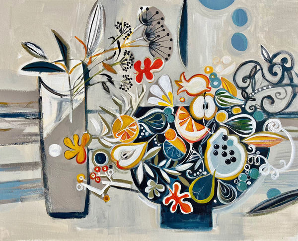 Marissa Weatherhead abstract painting of a tabel composed with an array of fruits, flowers and glasses in blues, yellow and greys