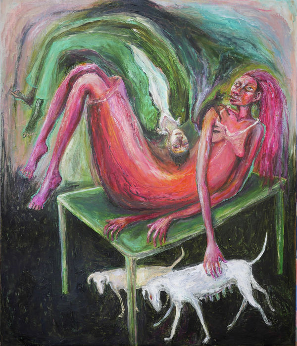 Rebecca Swainston painting of a pink female figure resting on a green table, intertwining with a green male figure and two white dogs beneath them