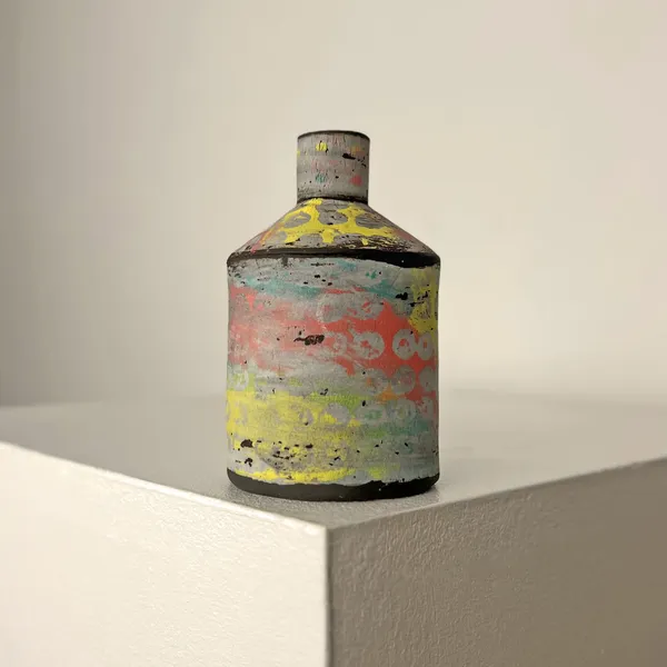 Elly Wall ceramic bottle vase with pink, yellow and teal colours in a smudged effect