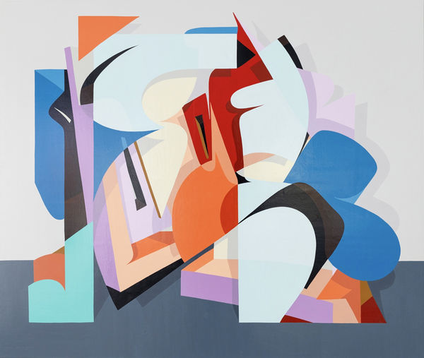 Kleiner Shames abstracted painting in colours blue, orange, red, purple, green, pink and grey