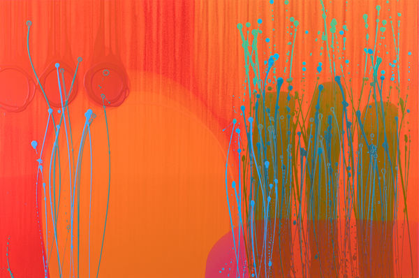 Charlotte Cornish abstract painting showing translucent layers of the colours orange, red, pink, and green