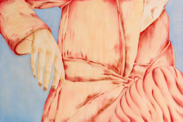 Zelga Simone Miller painting of a feminine figure in a pink kimono style dress against a pale blue background