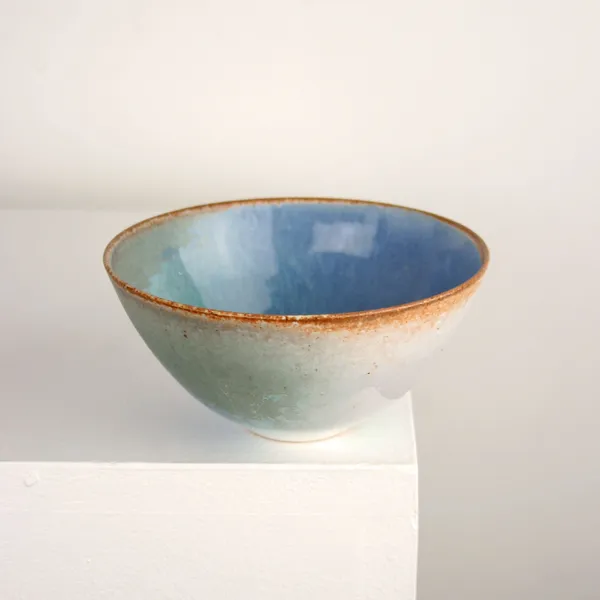 Attila Olah satin glazed miniature bowl, in colours blue, green and white
