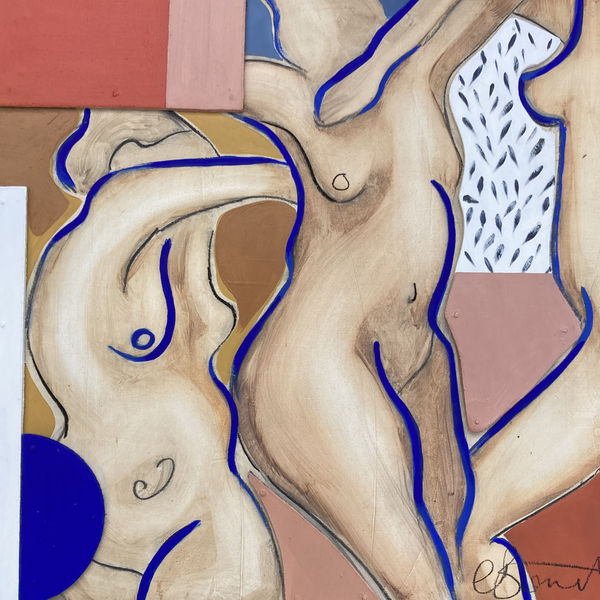 Clare Bonnet painting of, three nude female figures dancing, rendered with soft shapes and marked outlines, against a background of geometric shapes in pinks and blue.