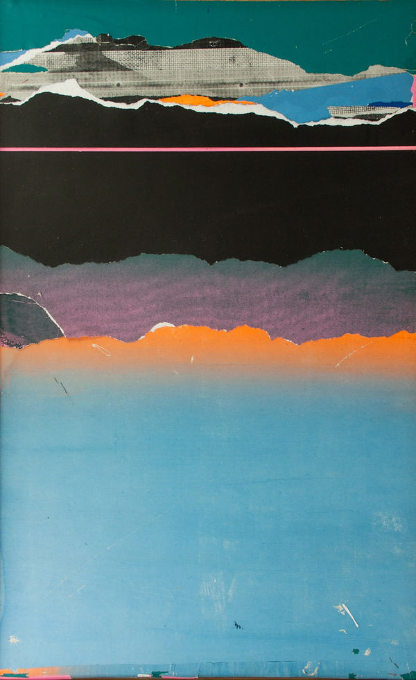 Angus Vasili mixed media collage of an abstracted landscape in layers of green, orange, blue and black