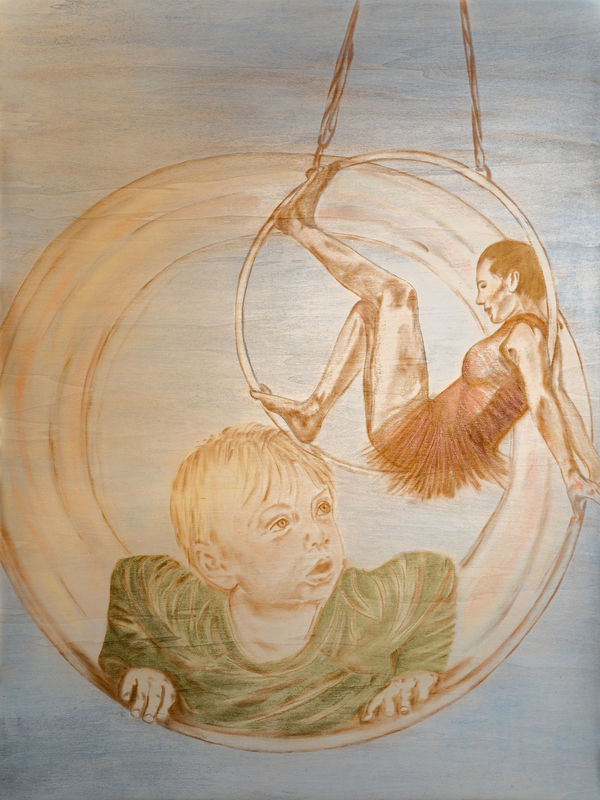 Zelga Simone Miller painting of a toddler crawling through a play tunnel, while in the foreground in a smaller scale a female hoopla dancer perches on her back in a hanging hoola hoop suspended from ropes.
