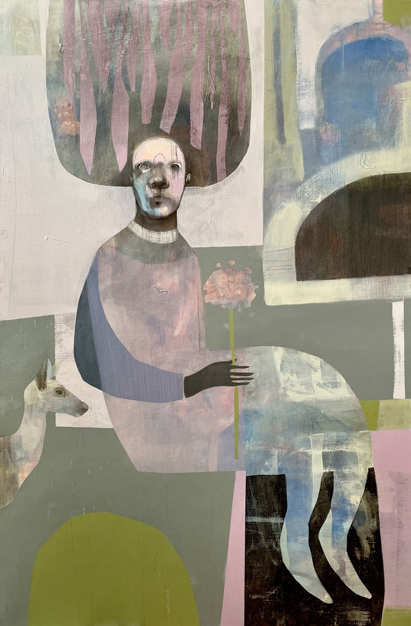 Letitia Thompson painting of a seated female figure with an abstracted tree for hair, and a unicorns head oriented to her left behind her