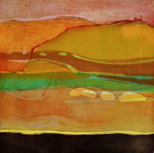 Louise Davies semi-abstract Landscape print in translucent layers of red, orange and green. A deep brown-black forefront is seen at he bottom of the image.