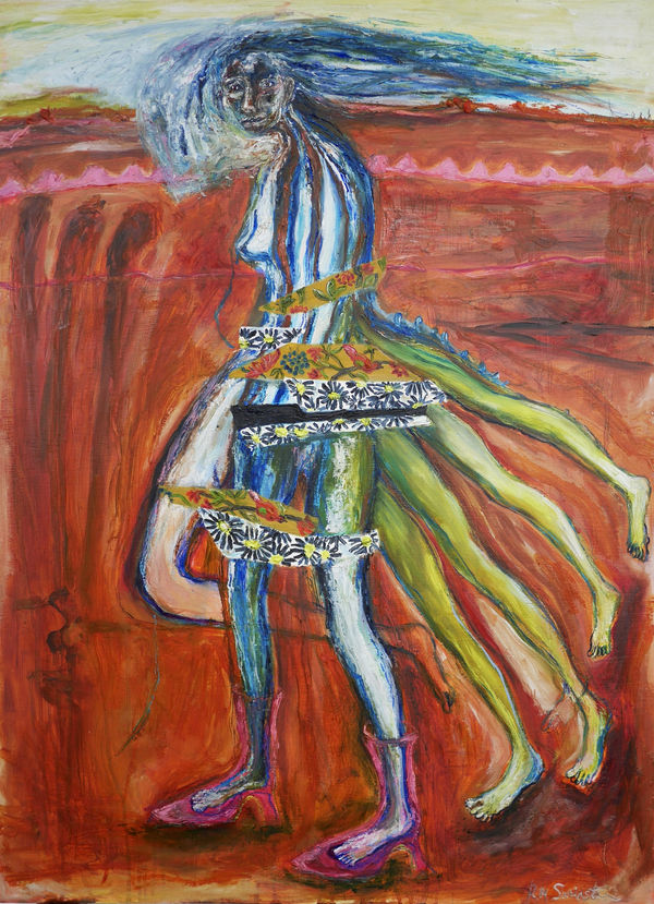 Rebecca Swainston painting of a striped blue female figure, walking towards the left of the composition with four yellow legs to her right, gazing at the viewer