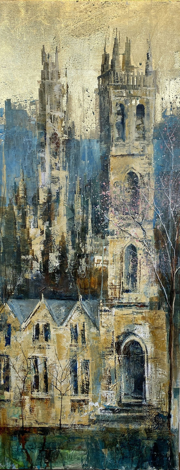 A view of Oxford spires in warm shades of brown with a blue and gold background by Bee Bartlett.