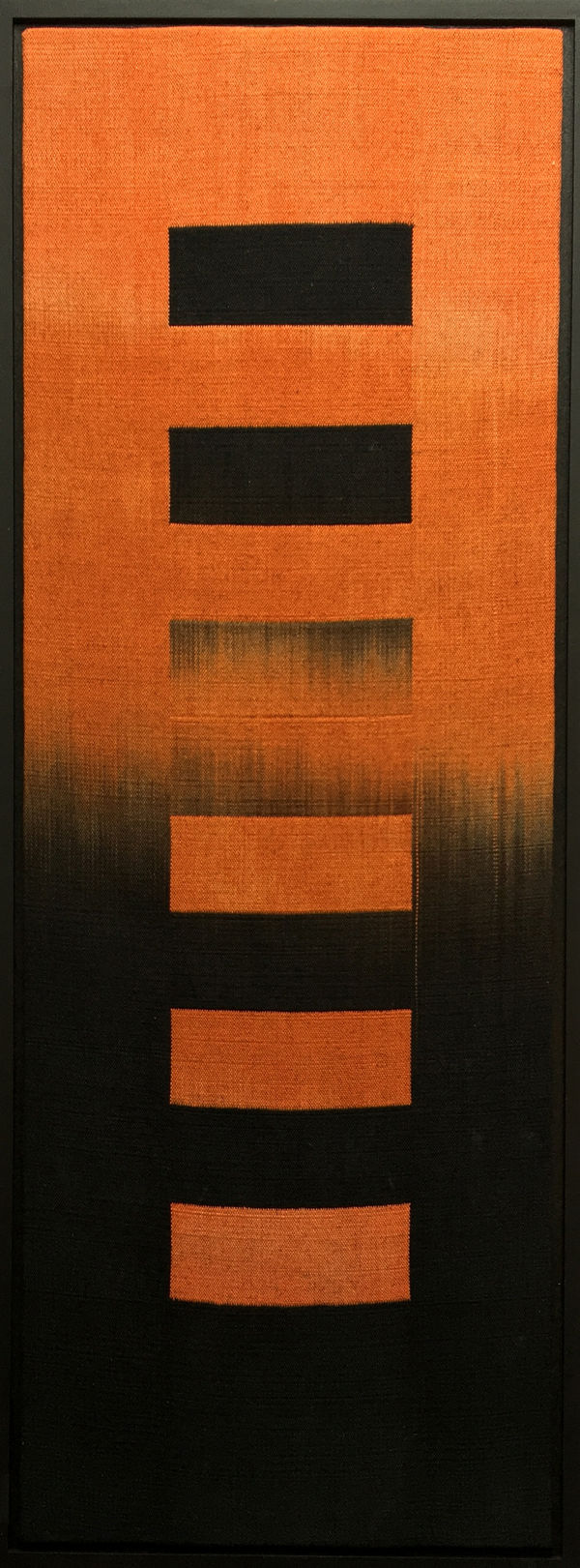 Jacob Monk cotton woven ikate piece in black and orange, with ombre'd horizonal lines going vertically
