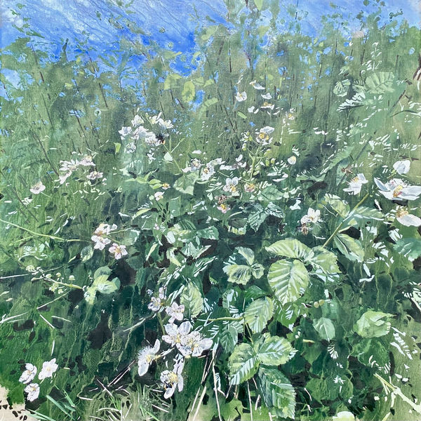 James Fotheringhame oil on linen painting in a hyperrealist style of bumblebees and honeybees flying around a bramble bush with a blue sky