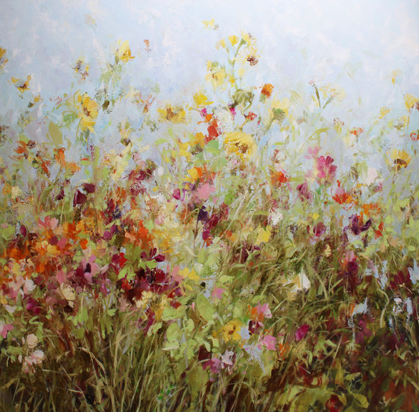 Fletcher Prentice painting of a high summer flower border, teaming with flowers of all kinds in yellows, pinks, purples, whites and oranges