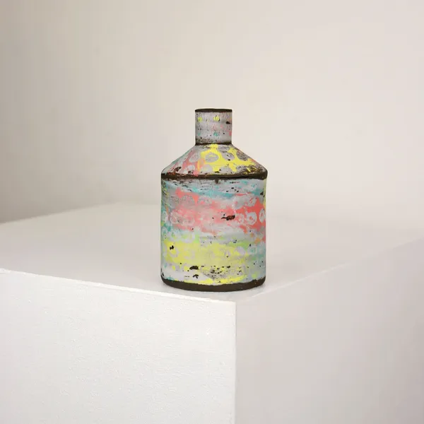 Elly Wall ceramic bottle vase with pink, yellow and teal colours in a smudged effect