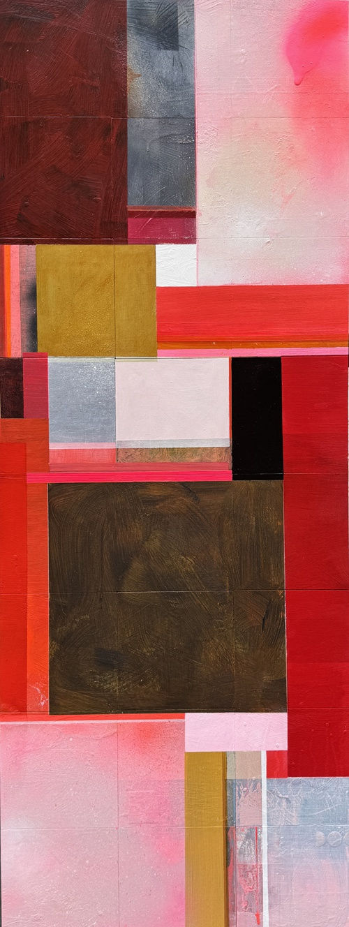 Emma Davis abstract painting of rectangular shapes, in colours pink, red, black and yellow