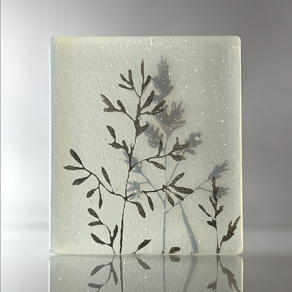 Helen Slater glass sculpture in opaline glass with black and sepia drawings of grasses