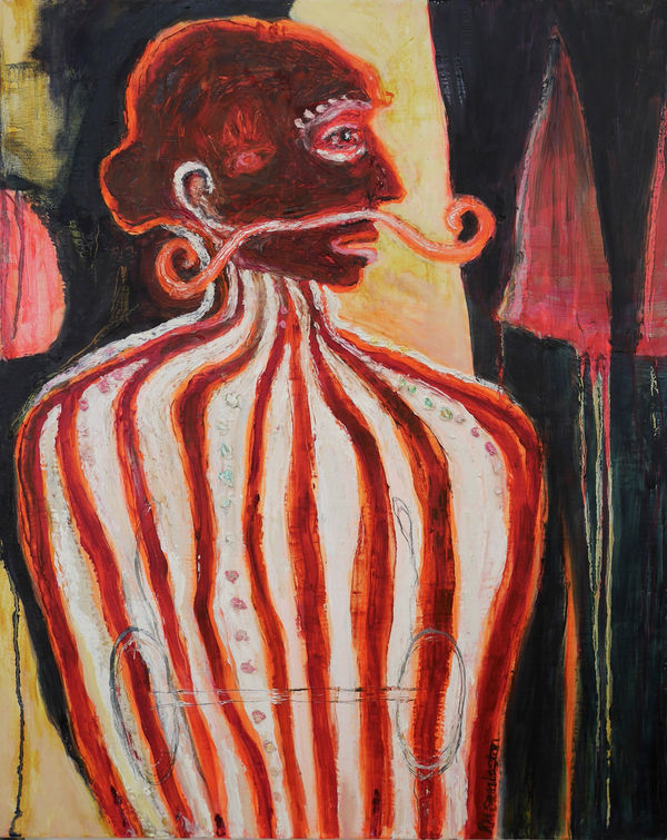 Rebecca Swainston painting of a circus strong man dressed in red and white, gazing with a look of surprise to his right