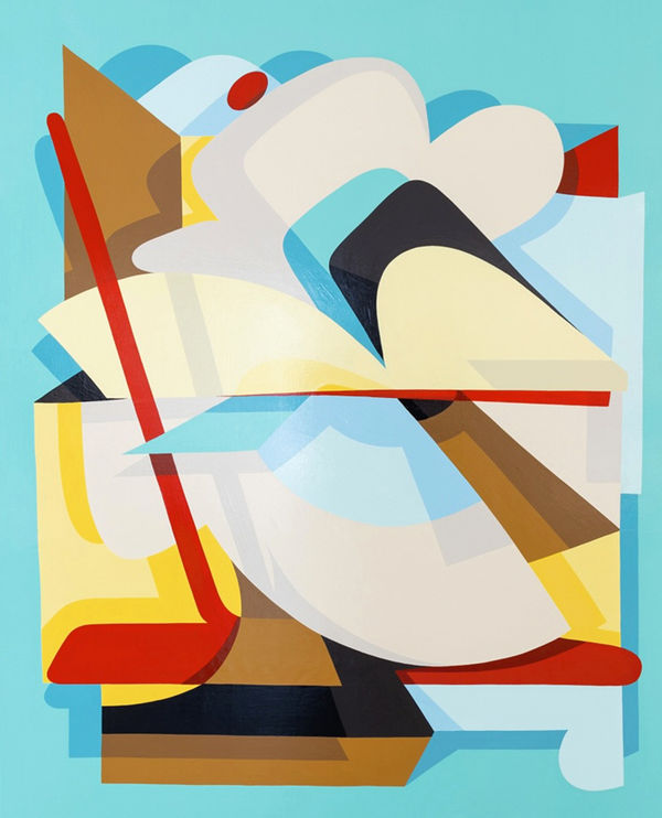 Kleiner Shames abstracted painting in colours blue, yellow, red and brown